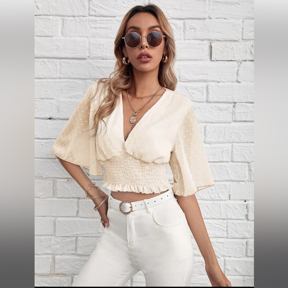 Elegant Cream Smocked Women's Top